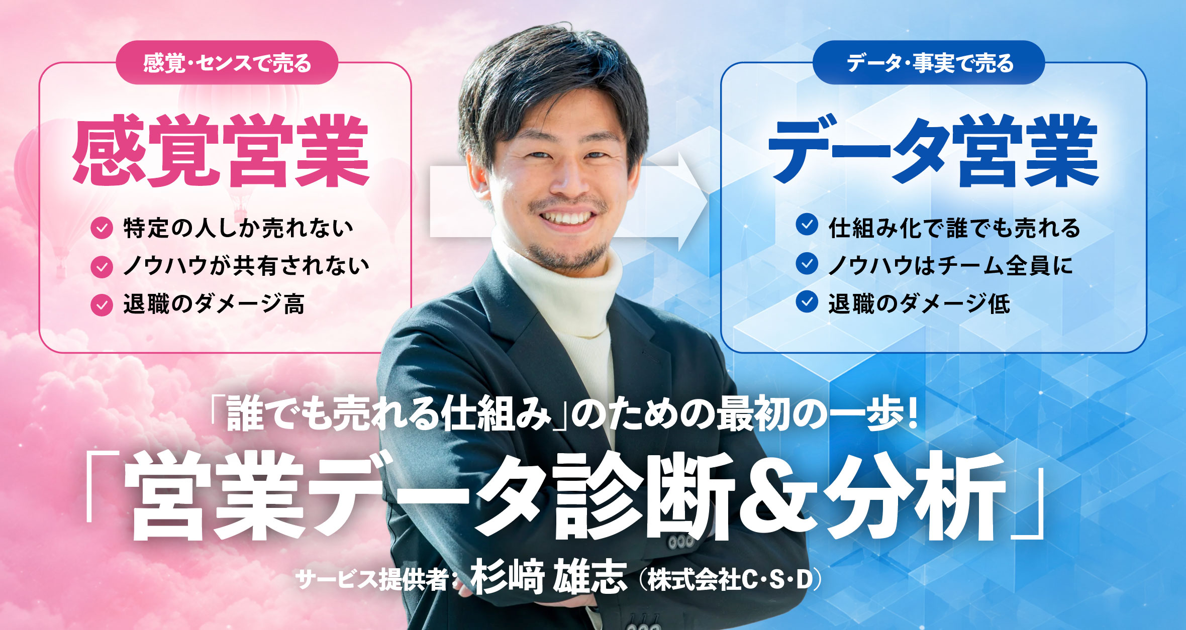 営業は、感覚ではなく、事実で売る時代へ。貴社にすでにある営業データから「営業黄金比」を見つけ出し、誰もが売れる仕組みに変えます。営業データ診断＆分析　66万円（税込）。マイナビ・ユーザベースでセールス／CSマネジメントを歴任した杉﨑（株式会社C・S・D）が直接伴走します。